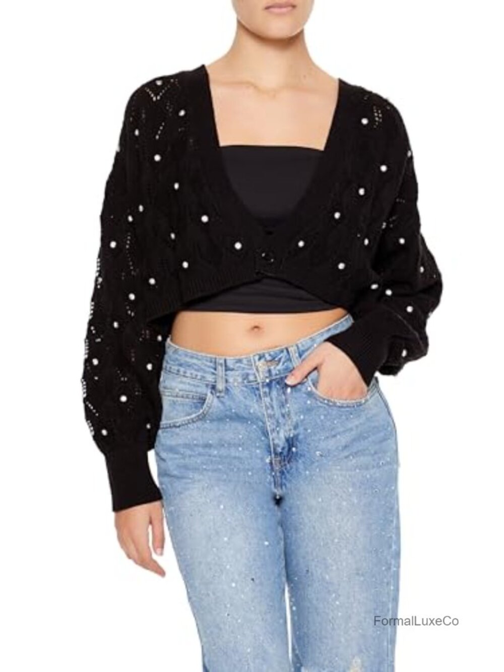 Faux Gem Cropped Cardigan Sweater Plunging V-Neck Long Sleeve